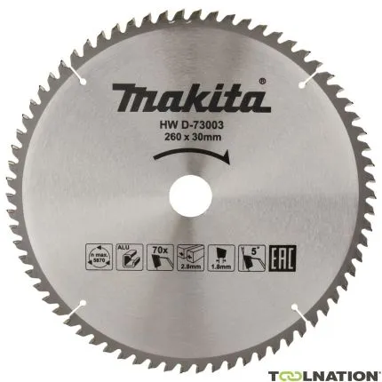 Makita Accessoires D-73003 Lame de scie HM Standard Aluminium 260 x 30 x 2.8 x 70T 5g